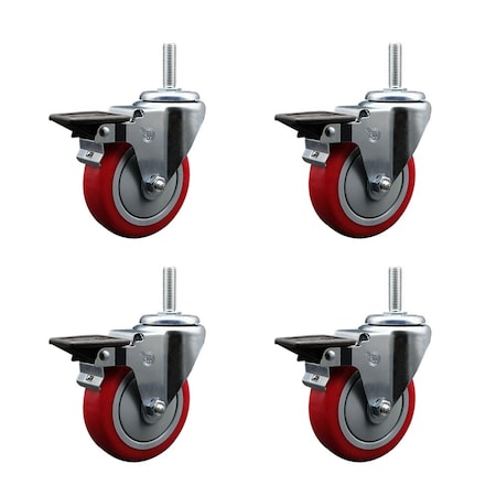 Service Caster 4 Inch Red Polyurethane Wheel Swivel 34 Inch Threaded Stem Caster Set with Brake SCC SCC-TS20S414-PPUB-RED-PLB-34212-4